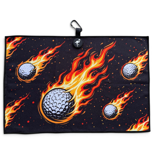 Fireball Drive Golf Towel | 24” x 16” Microfiber Towel | Magnetic Clip & Carabiner | Premium Golf Accessory