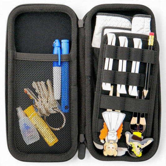 Purple/Green Golf Accessory Case | Zippered Organizer for Ball Markers, Tees, Divot Tools & Glove | Portable Golf Storage Case | Hard Shell Travel Case for Golf Accessories