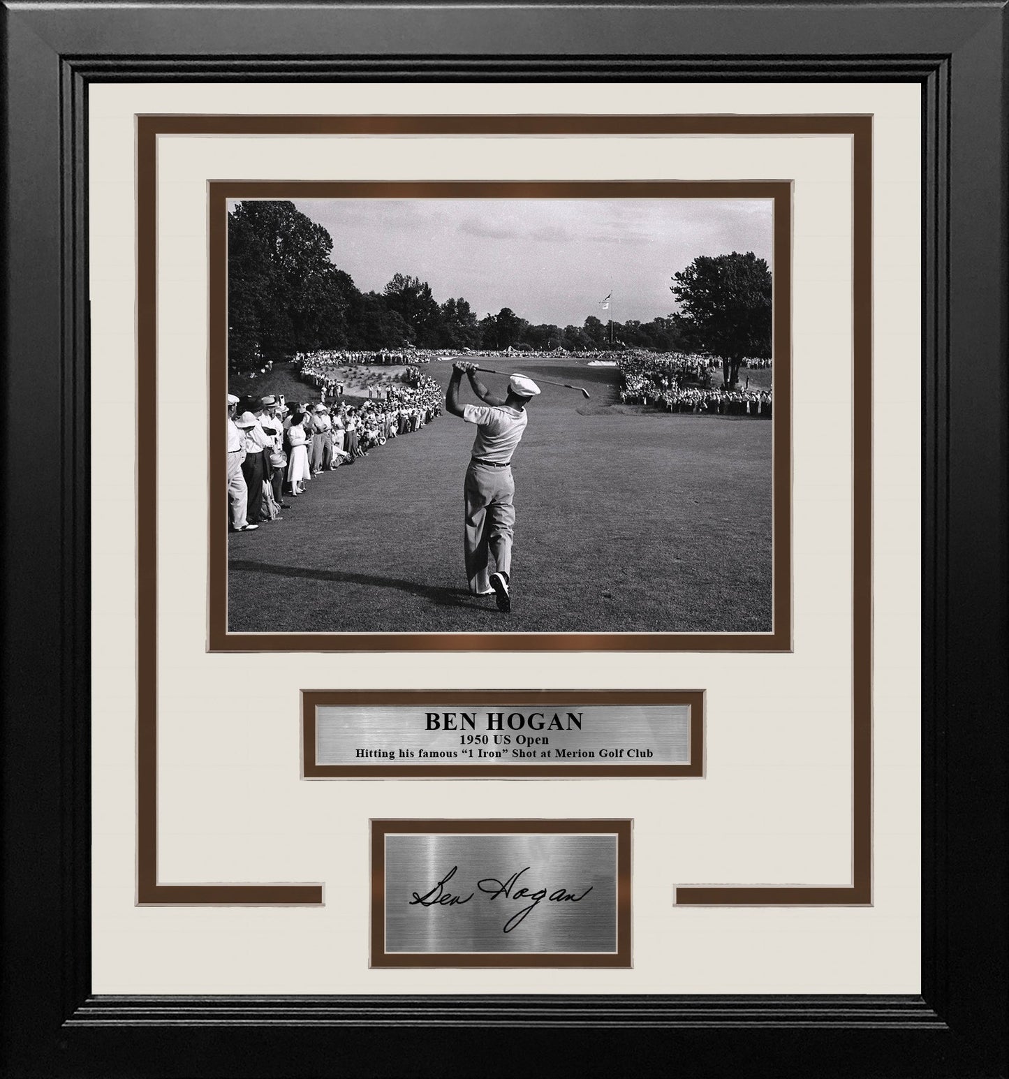 Ben Hogan 1-Iron Shot at the 1950 US Open at Merion Framed Golf Photo with Engraved Autograph