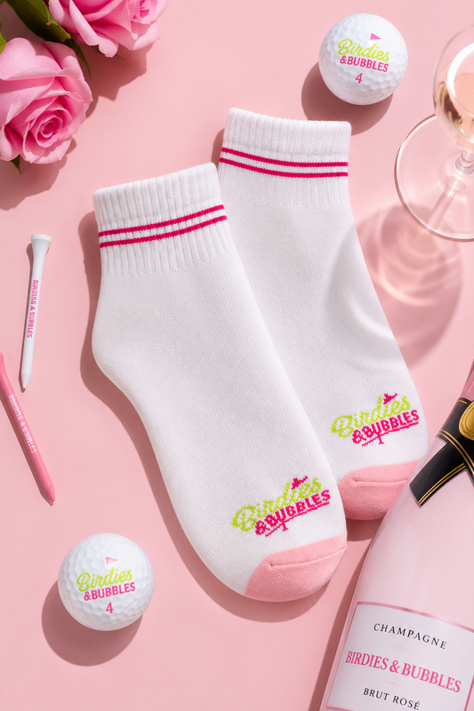 Birdies & Bubbles Lucky Pair Crew Socks | White & Pink Golf Socks
