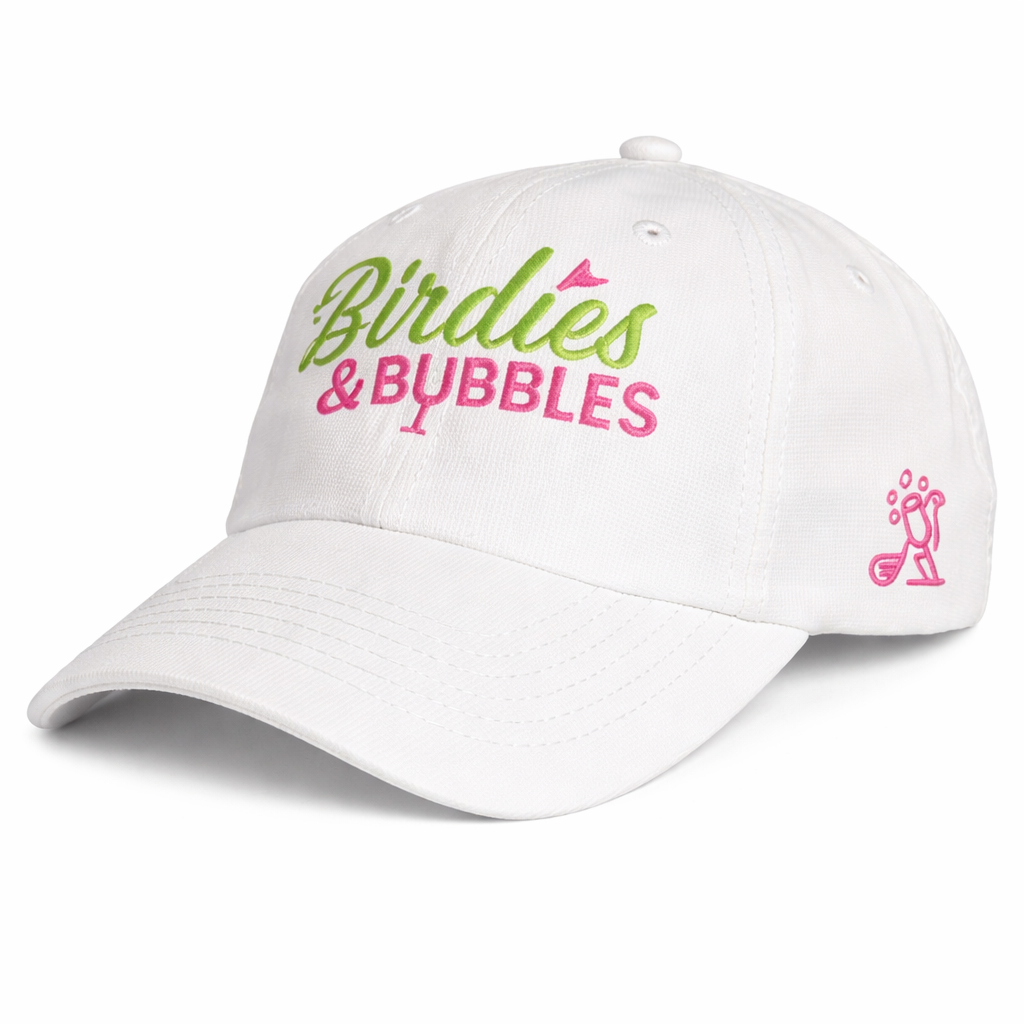 Birdies & Bubbles Bubbly Birdie Women’s Golf Cap – Adjustable Performance Golf Hat White