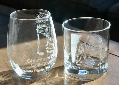 Chambers Bay Golf Course - Laser Engraved Course Map Glasses