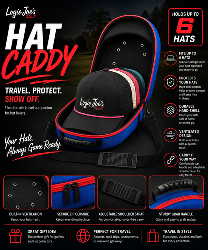 Blue/Red Hat Caddy Travel Case | Hard Shell Hat Carrier Holds Up to 6 Hats | Protective Hat Storage Case with Adjustable Shoulder Strap