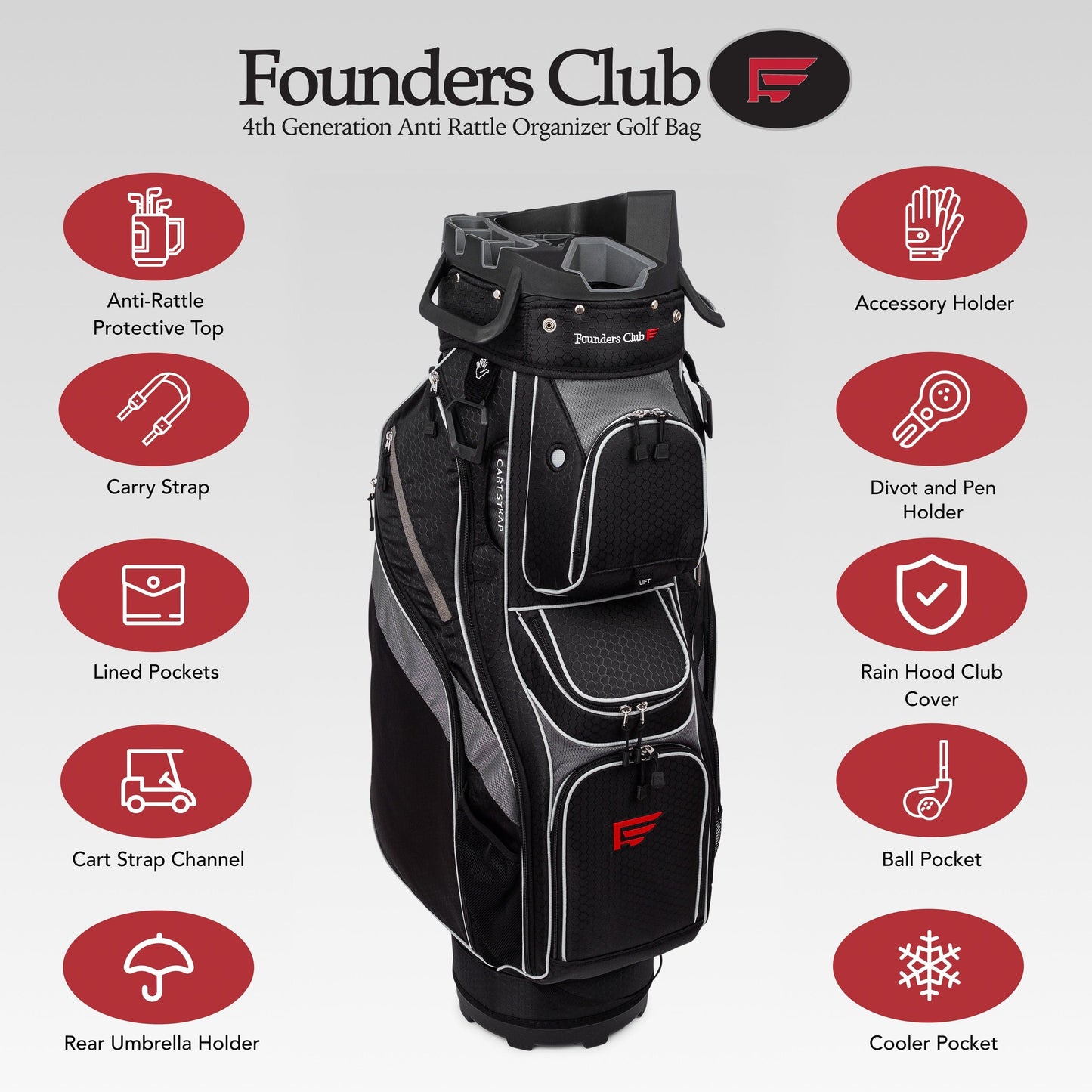 Founders Club 4th Generation Player Series Club Lock Organizer Golf Cart Bag for Men with 14 Way Anti Rattle Divider Top- Free Snap On Rain Hood-Full Length Dividers