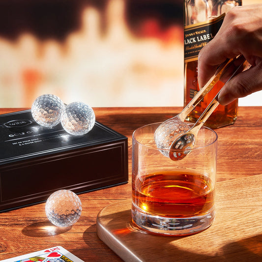 Golf Ball Whiskey Coolers - Pack of 5 - Men's Gift Set; Golfer's Whiskey Chill Stones, Reusable Cooling Balls; Includes 4 Chilling Stones - Ideal Golf-Themed Gift for Men + Metallic Tongs & Gift Box