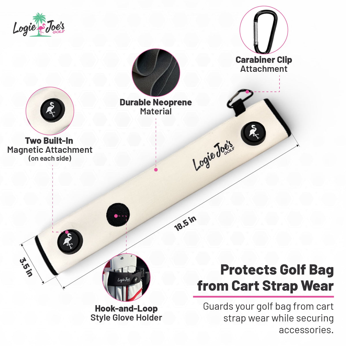 Red/White Magnetic Golf Cart Strap Sleeve | Neoprene Rubber | Dual Accessory Magnets | Glove Holder | Carabiner Bag Attachment | 18.5 x 3.5 in