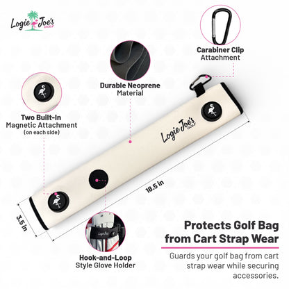 Red/White Magnetic Golf Cart Strap Sleeve | Neoprene Rubber | Dual Accessory Magnets | Glove Holder | Carabiner Bag Attachment | 18.5 x 3.5 in
