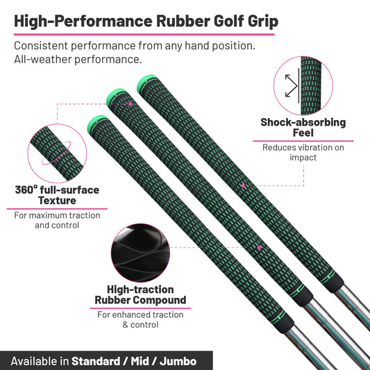 360 Golf Grips | 3 Pack Black/Green | Standard, Mid, Jumbo | High-Traction Rubber Grip