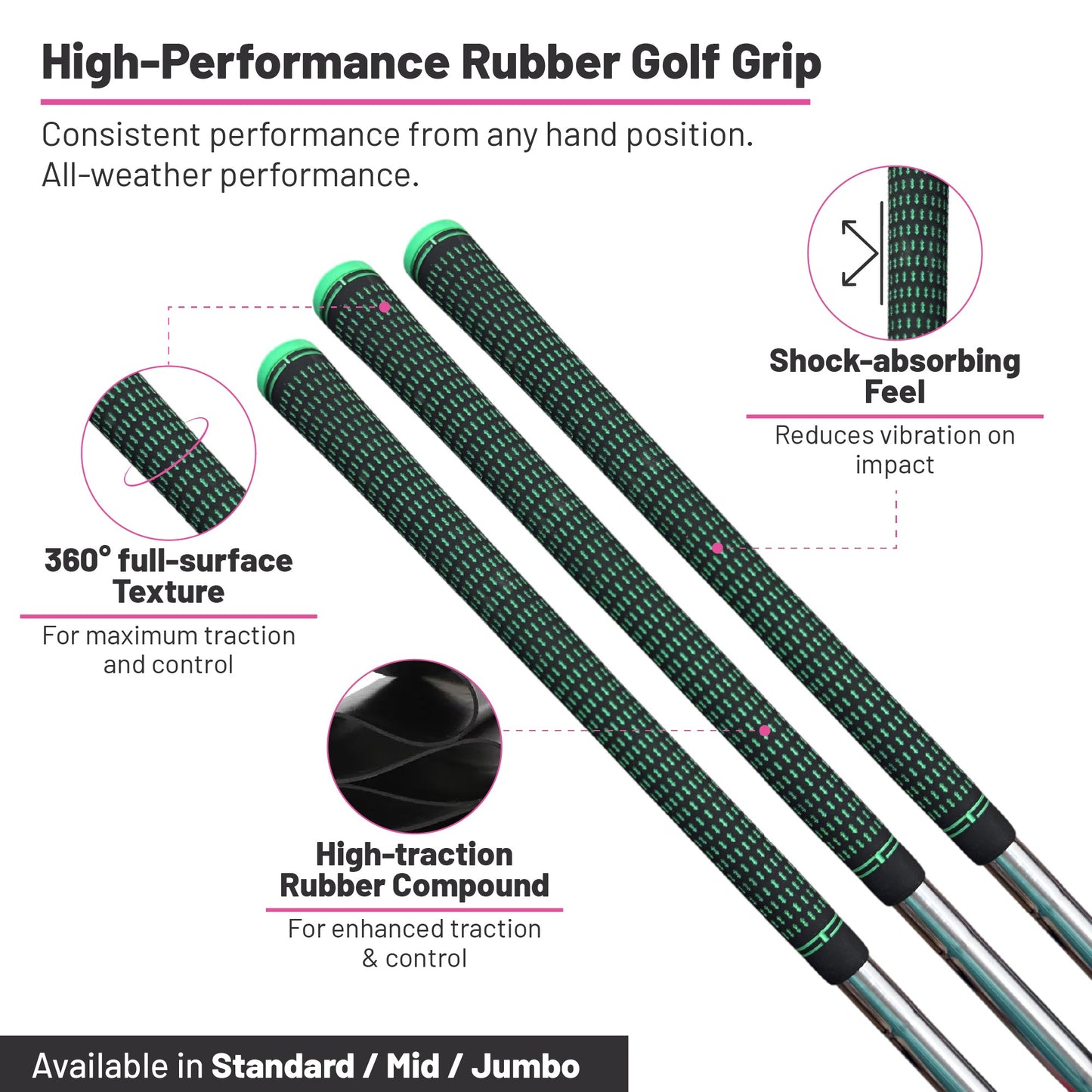 360 Golf Grips | 3 Pack Black/Pink | Standard, Mid, Jumbo | High-Traction Rubber Grip