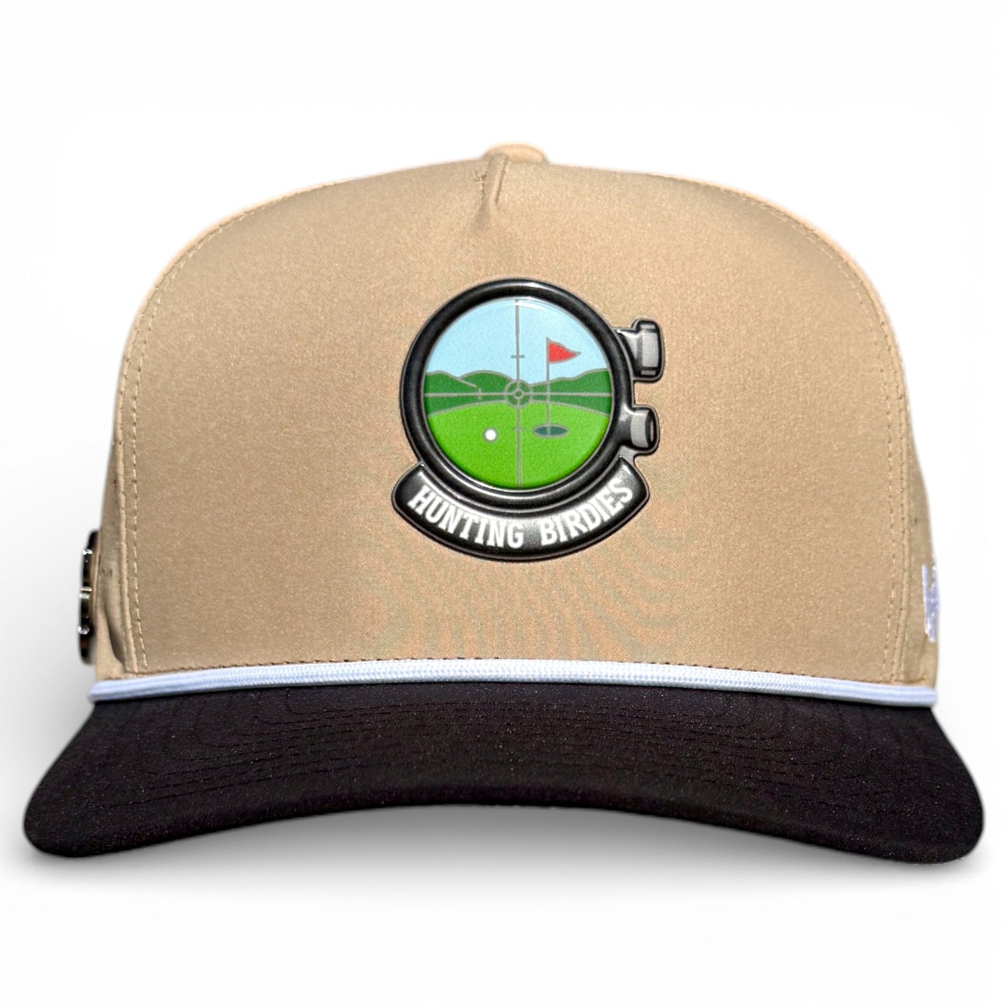 Hunting Birdies Golf Hat | Snapback Cap | Built-in Magnetic Ball Marker Holder + Marker Included | Adjustable Tan & Black