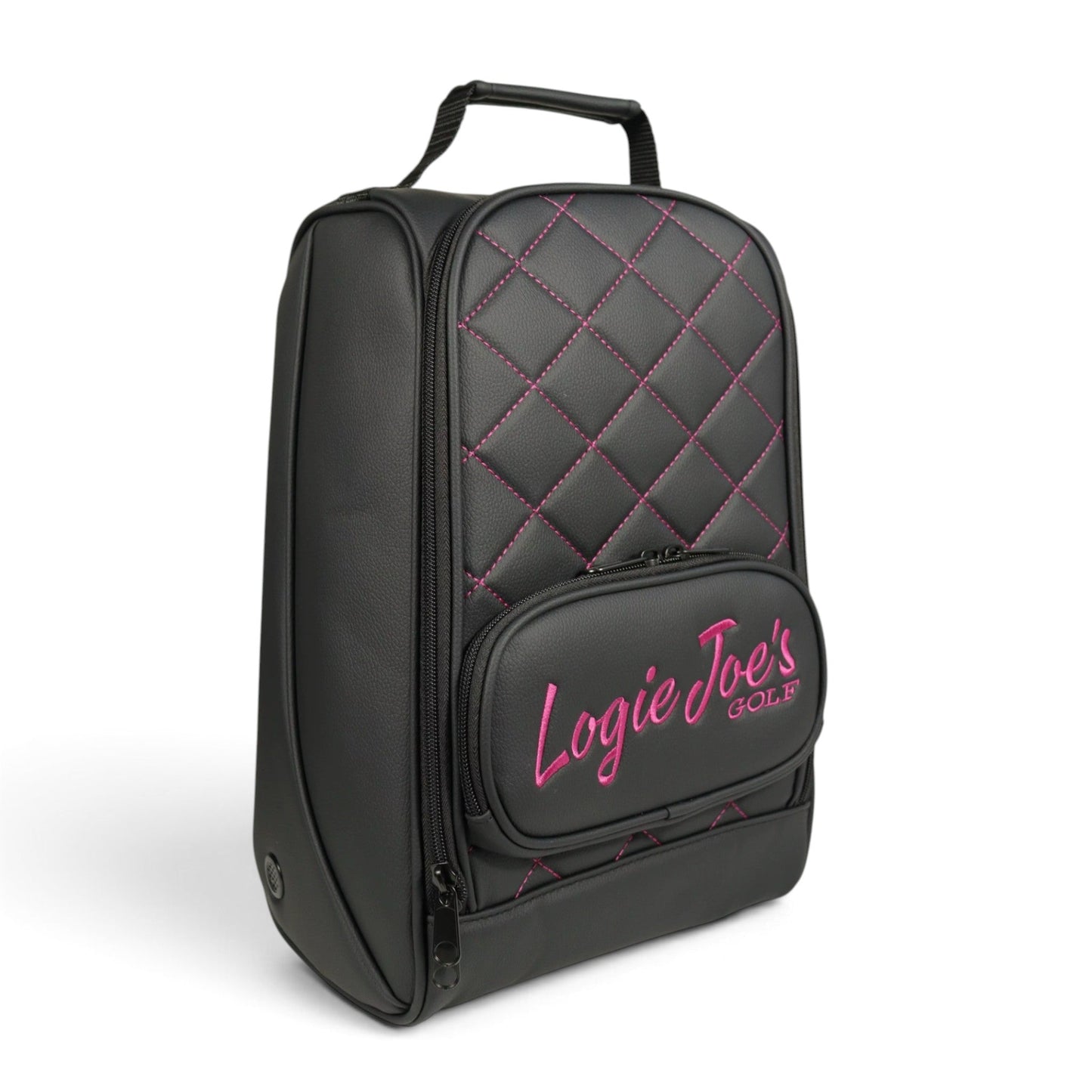 Golf Shoe Bag | Premium PU Leather Golf Shoe Organizer | Quilted Travel Shoe Case with Accessory Pocket, Carry Handle & Ventilation | Black/Pink