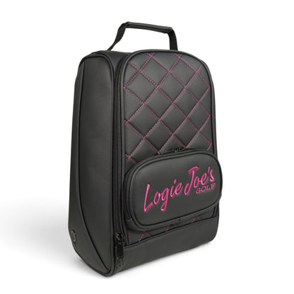 Golf Shoe Bag | Premium PU Leather Golf Shoe Organizer | Quilted Travel Shoe Case with Accessory Pocket, Carry Handle & Ventilation | Black/Pink