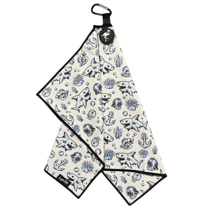 Under the Sea Golf Towel | 24” x 16” Microfiber Towel | Magnetic Clip & Carabiner | Premium Golf Accessory | Shark