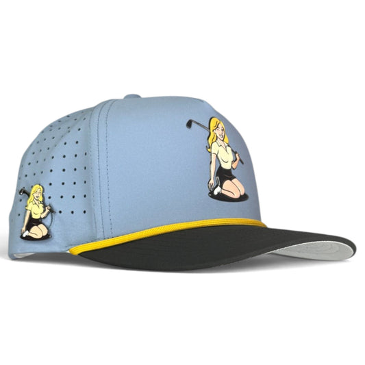 Fore the Boys Golf Hat | Snapback Cap | Built-in Magnetic Ball Marker Holder + Marker Included | Adjustable Blonde Light Blue