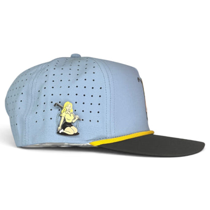 Fore the Boys Golf Hat | Snapback Cap | Built-in Magnetic Ball Marker Holder + Marker Included | Adjustable Blonde Light Blue