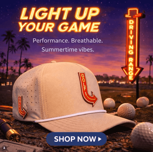 Golf Neon Arrow Sign Golf Hat | Snapback Cap | Built-in Magnetic Ball Marker Holder + Marker Included | Adjustable Light Gray