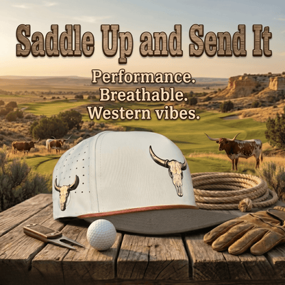 Longhorn Golf Hat | Snapback Cap | Built-in Magnetic Ball Marker Holder + Marker Included | Adjustable Tan Bull Skull