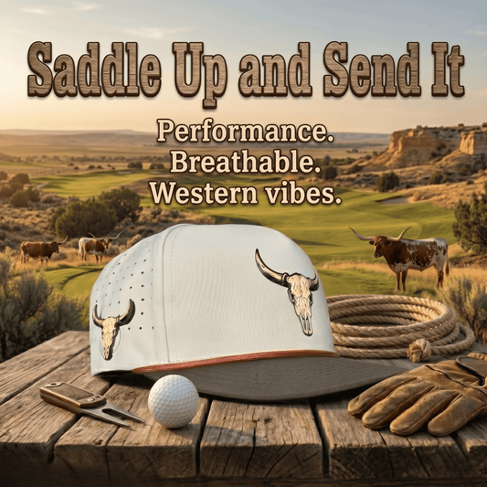 Longhorn Golf Hat | Snapback Cap | Built-in Magnetic Ball Marker Holder + Marker Included | Adjustable Tan Bull Skull