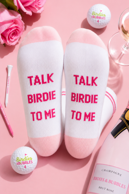 Birdies & Bubbles Lucky Pair Crew Socks | White & Pink Golf Socks