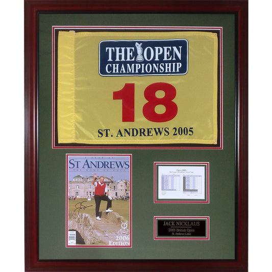 Jack Nicklaus Autographed 2005 British Open Program (Last Open at St Andrews) Deluxe Framed with Flag and Photo - JSA