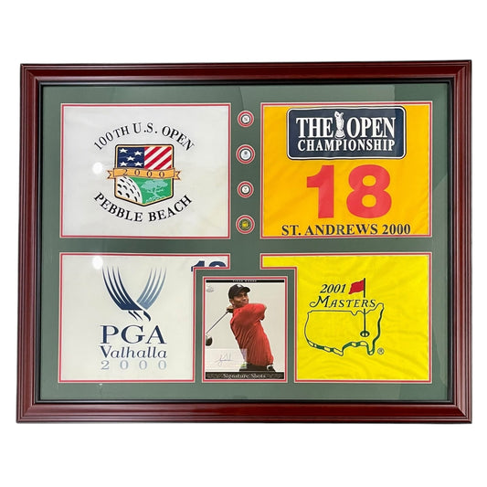 Tiger Woods Autographed Tiger Slam Deluxe Framed Piece - 2000 US Open, British Open, PGA Championship, 2001 Masters