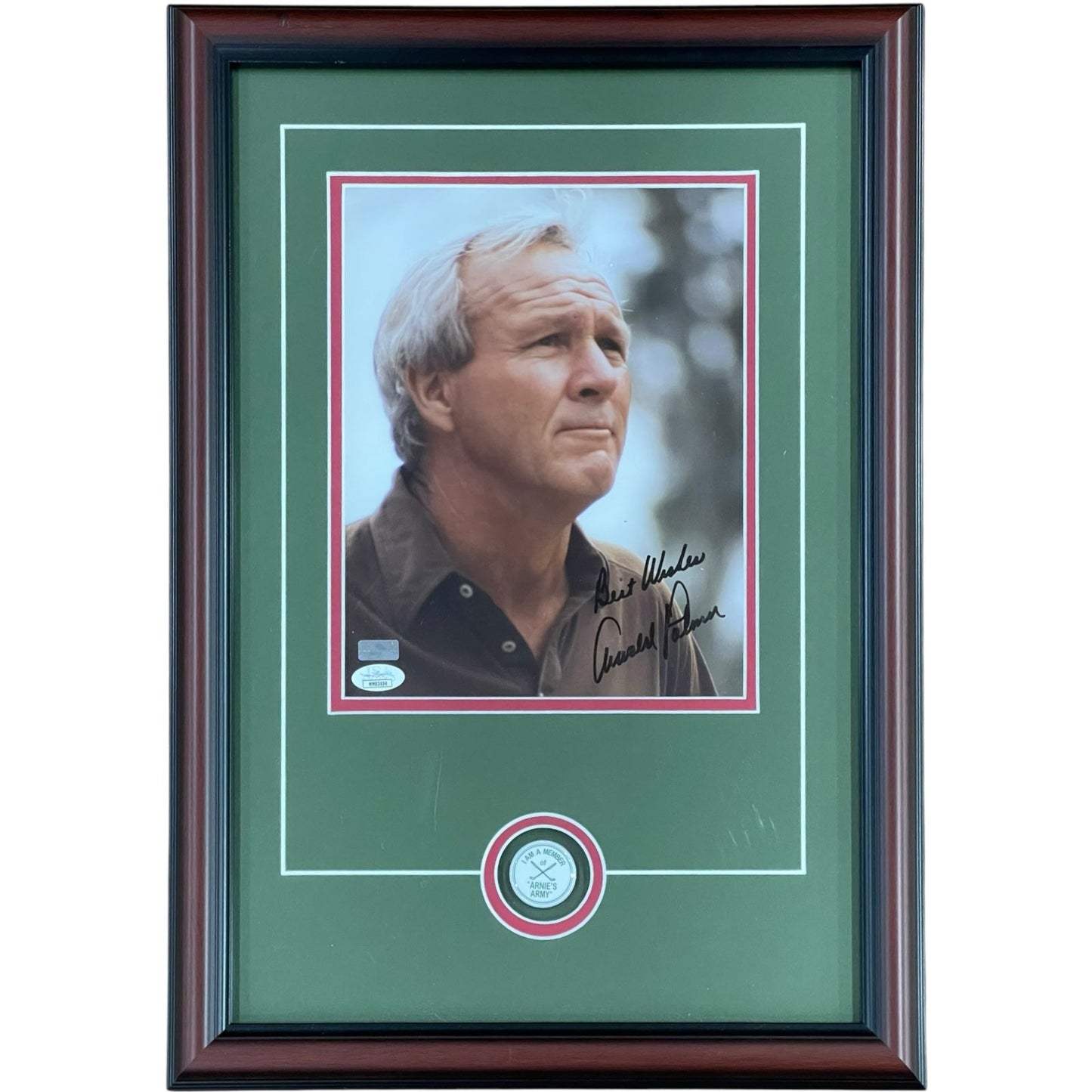 Arnold Palmer Autographed Golf 8x10 Photo Deluxe Framed with Arnie's Army Pin - JSA