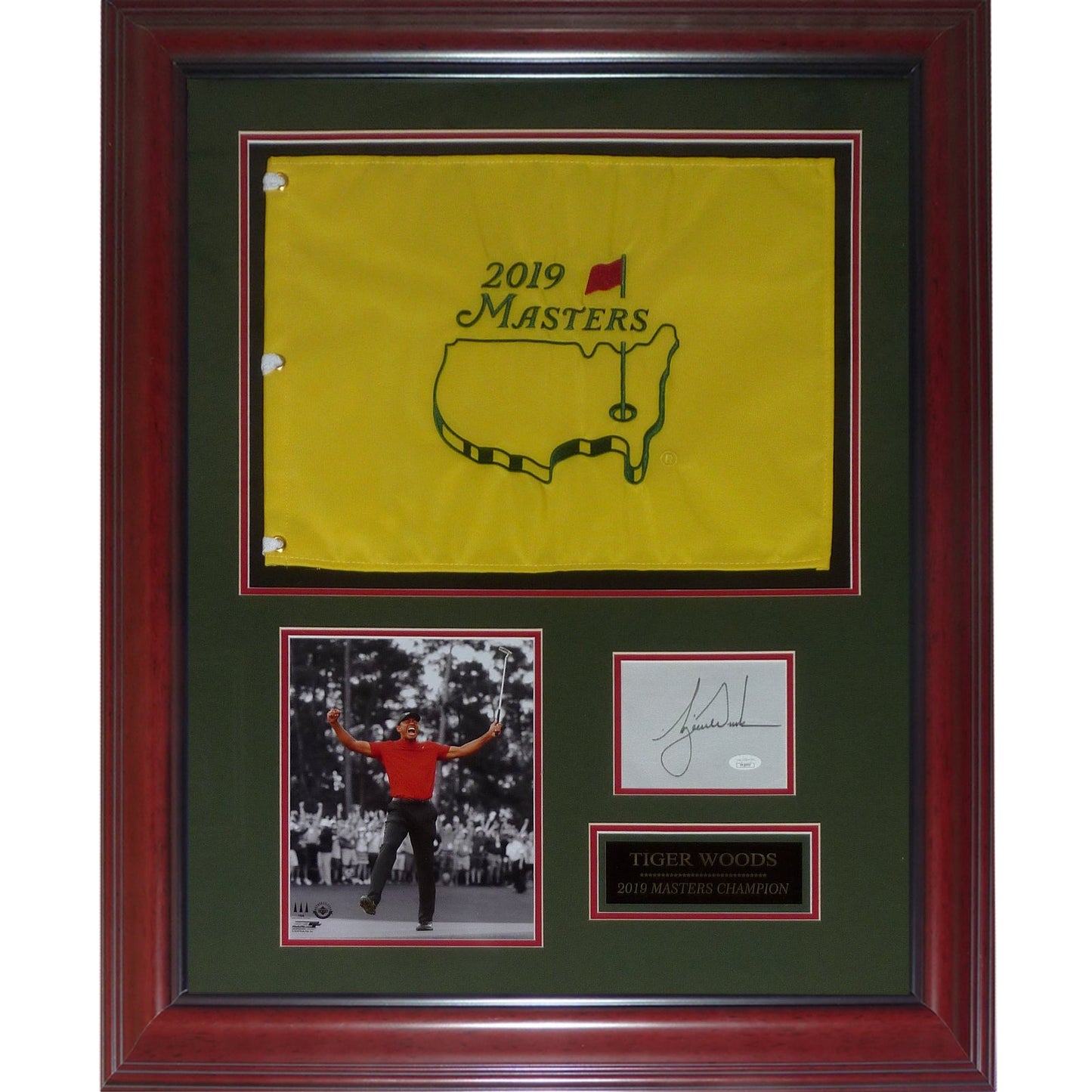 Tiger Woods Autographed 2019 Masters Champion Deluxe Framed Flag Piece with Signature - JSA