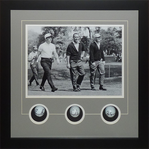 Jack Nicklaus, Arnold Palmer And Gary Player Autographed Golf Ball Shadowbox Deluxe Frame - JSA Full Letters