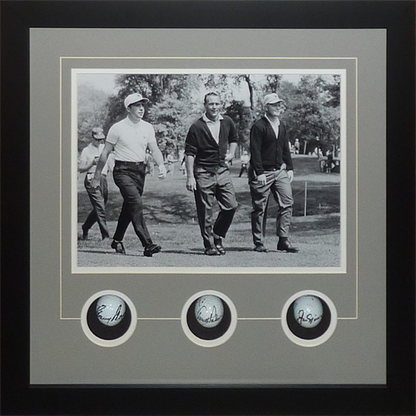 Jack Nicklaus, Arnold Palmer And Gary Player Autographed Golf Ball Shadowbox Deluxe Frame - JSA Full Letters