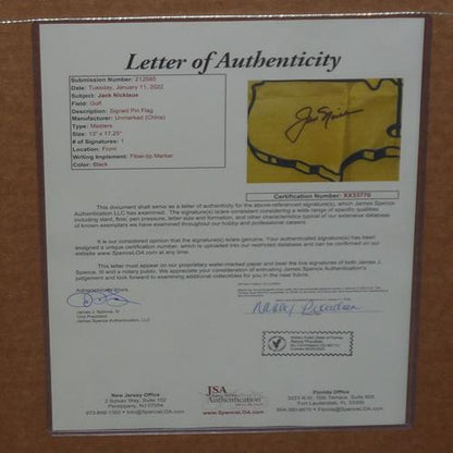 Jack Nicklaus Autographed Undated Masters Golf Pin Flag Deluxe Framed with Nameplate and Ball Markers - JSA