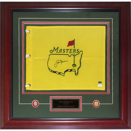 Jack Nicklaus Autographed Undated Masters Golf Pin Flag Deluxe Framed with Nameplate and Ball Markers - JSA