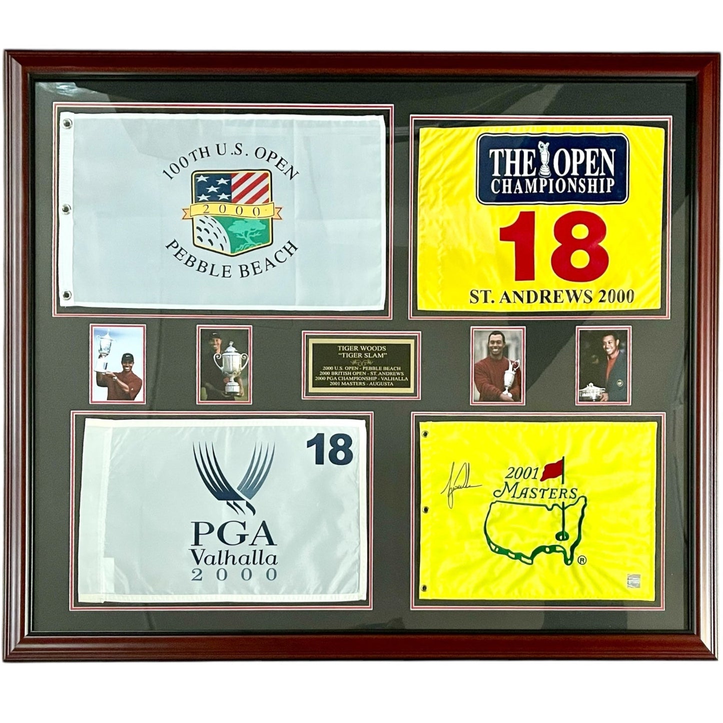 Tiger Woods Autographed Masters Flag Tiger Slam Deluxe Framed Piece - 2000 US Open, British Open, PGA Championship, 2001 Masters