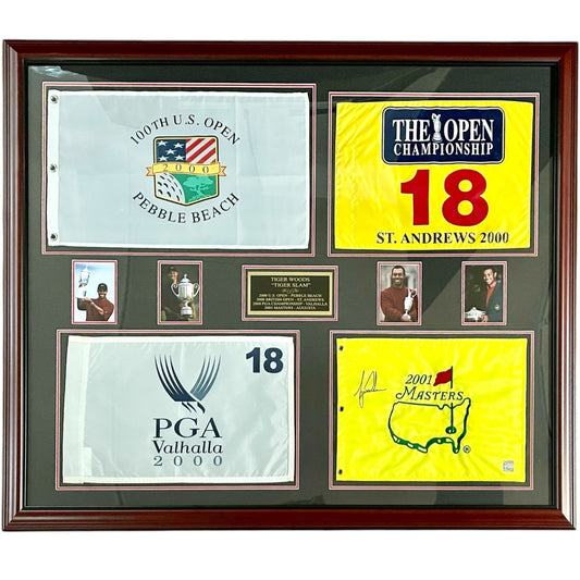 Tiger Woods Autographed Masters Flag Tiger Slam Deluxe Framed Piece - 2000 US Open, British Open, PGA Championship, 2001 Masters