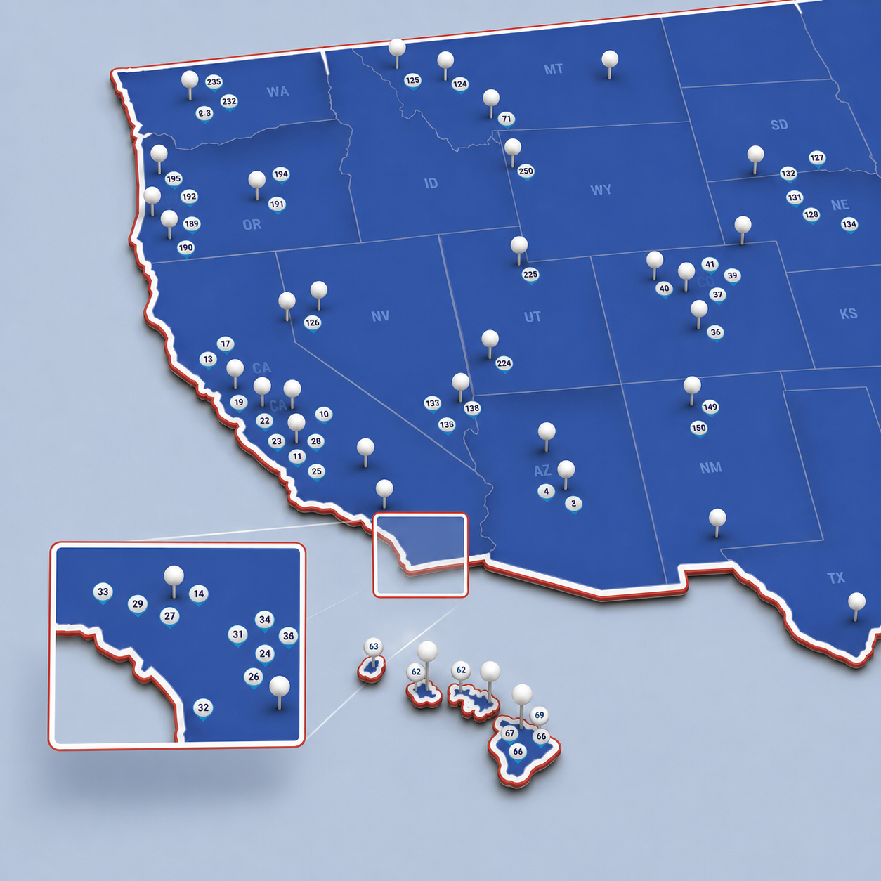 United States Push Pin Map: Top 250 Golf Courses (Red)