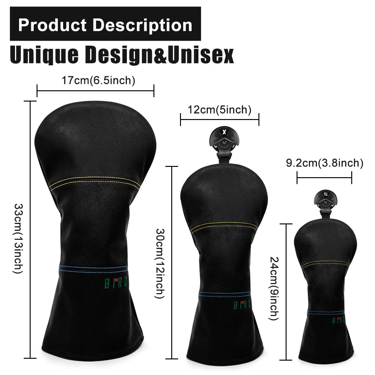 Black Premium Leather Golf Headcovers Birdie Golf Driver Head Cover Embroidery  Driver Fairway Wood Hybrid with Number Tags Blad