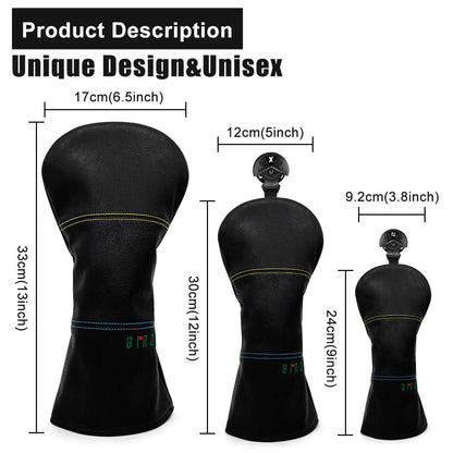 Black Premium Leather Golf Headcovers Birdie Golf Driver Head Cover Embroidery  Driver Fairway Wood Hybrid with Number Tags Blad