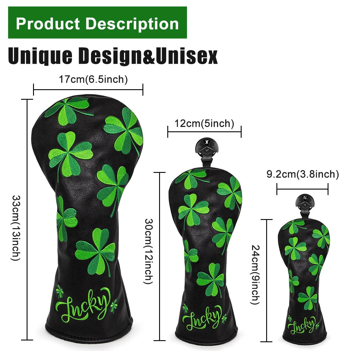 Golf Headcovers for Driver Head Cover, Embroidery Lucky Clover, Premium Leather Driver Fairway(FW), Wood Hybrid(UT) with Number