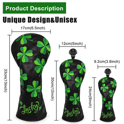 Golf Headcovers for Driver Head Cover, Embroidery Lucky Clover, Premium Leather Driver Fairway(FW), Wood Hybrid(UT) with Number