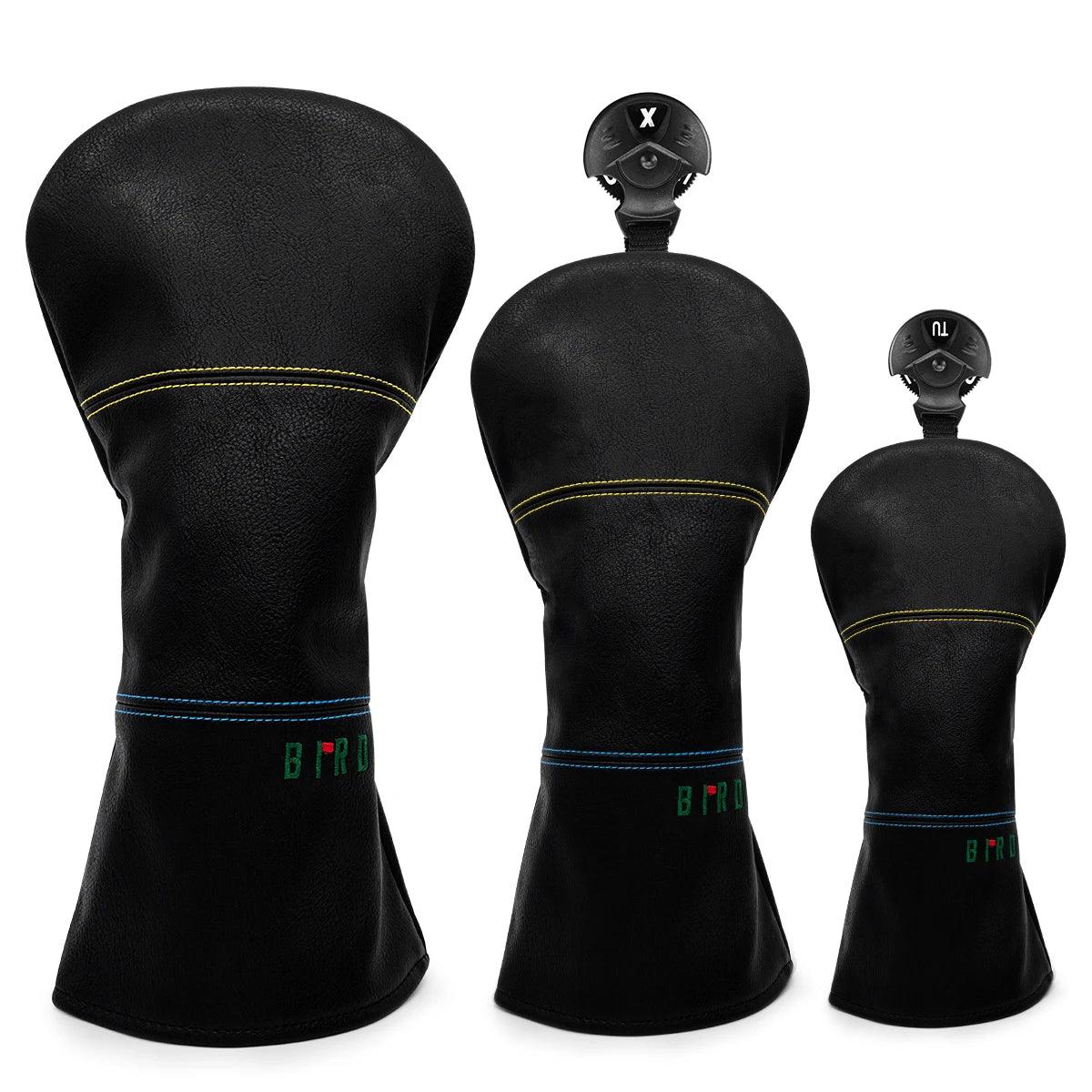 Black Premium Leather Golf Headcovers Birdie Golf Driver Head Cover Embroidery  Driver Fairway Wood Hybrid with Number Tags Blad