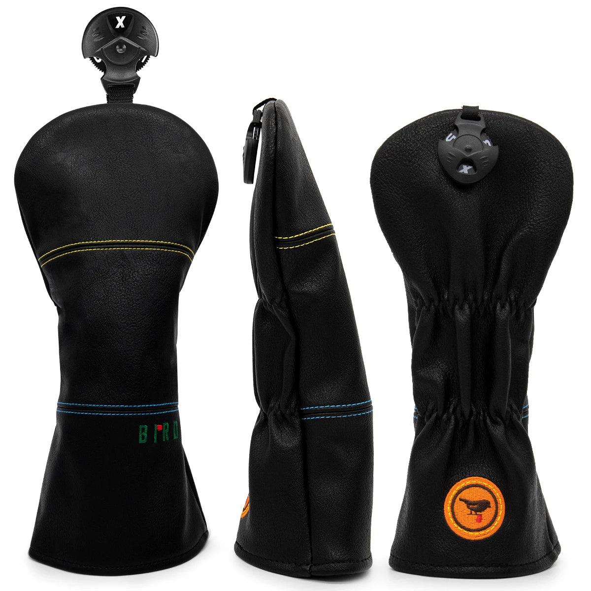 Black Premium Leather Golf Headcovers Birdie Golf Driver Head Cover Embroidery  Driver Fairway Wood Hybrid with Number Tags Blad