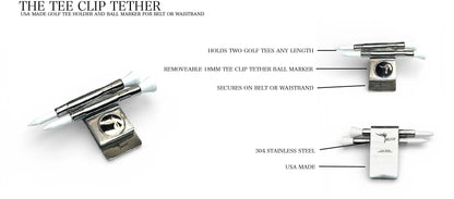 The Tee Clip® Tether™: USA Made | Golf Tee Holder for Belt or Waist| Double Barrels for 2 Tees and 18mm Ball Marker