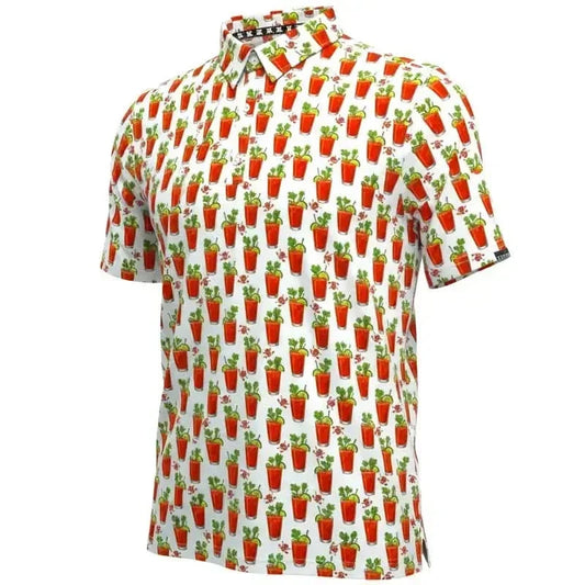 19th Hole Bloody Mary Cool Stretch Men's Golf Shirt (White/Red)