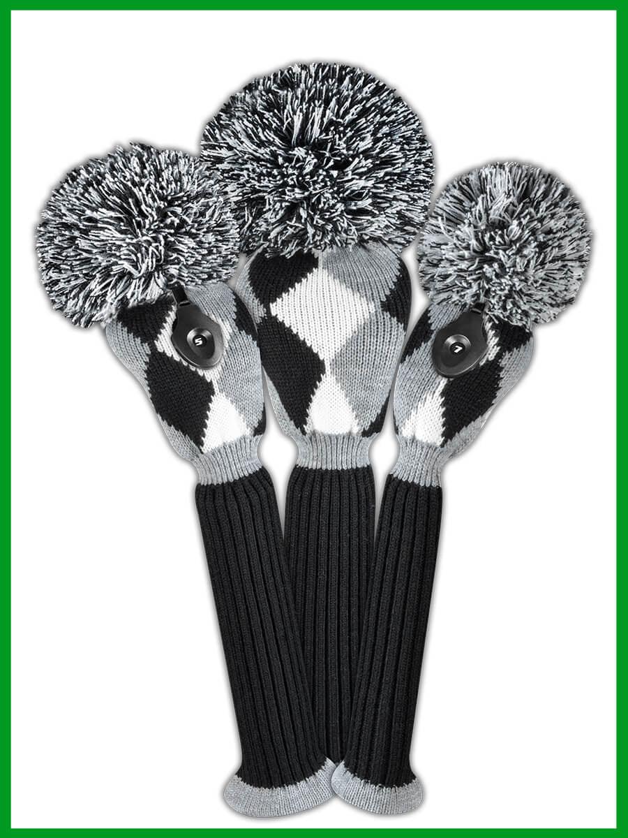 Gray, Black & White Diamond Knit Headcover Set (Driver, Wood, Hybrid) - Just4Golf