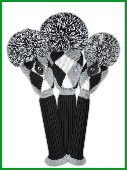 Gray, Black & White Diamond Knit Headcover Set (Driver, Wood, Hybrid) - Just4Golf