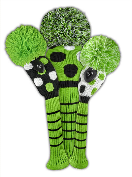 Lime, Black, & White Dot Knit Headcover Set (Driver, Wood, Hybrid) - Just4Golf