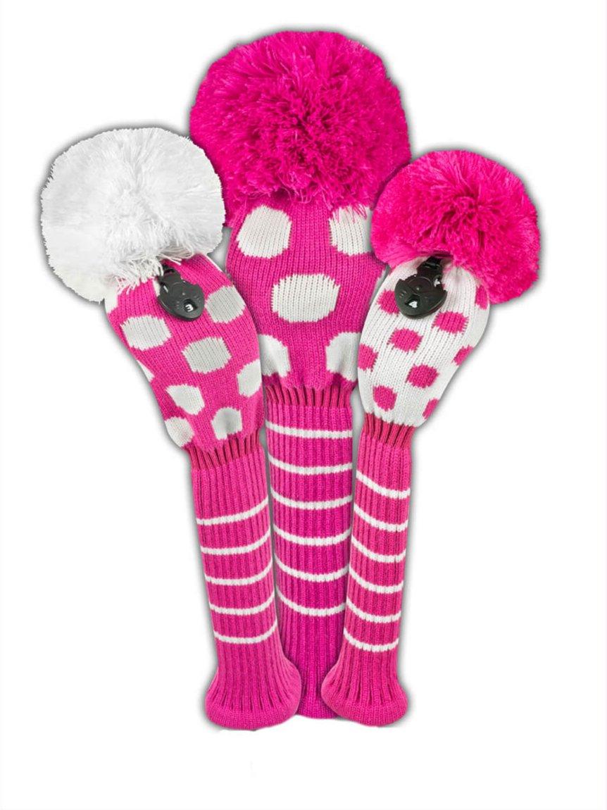Pink & White Dot Knit Headcover Set (Driver, Wood, Hybrid) - Just4Golf
