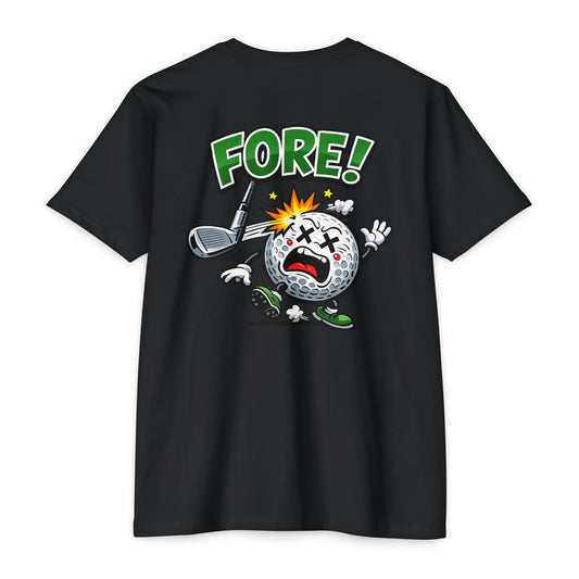 Funny Golf T-Shirt — 'Fore!' Bogey Bob Iron Sights Cartoon