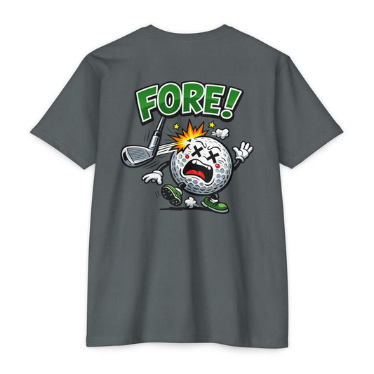 Funny Golf T-Shirt — 'Fore!' Bogey Bob Iron Sights Cartoon