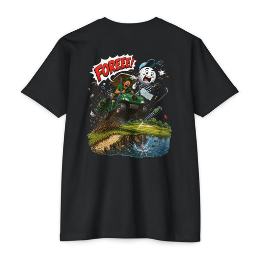 Golf Cart Crash T-Shirt — 'Fore!!!' Retro Cartoon Golf Graphic Tee