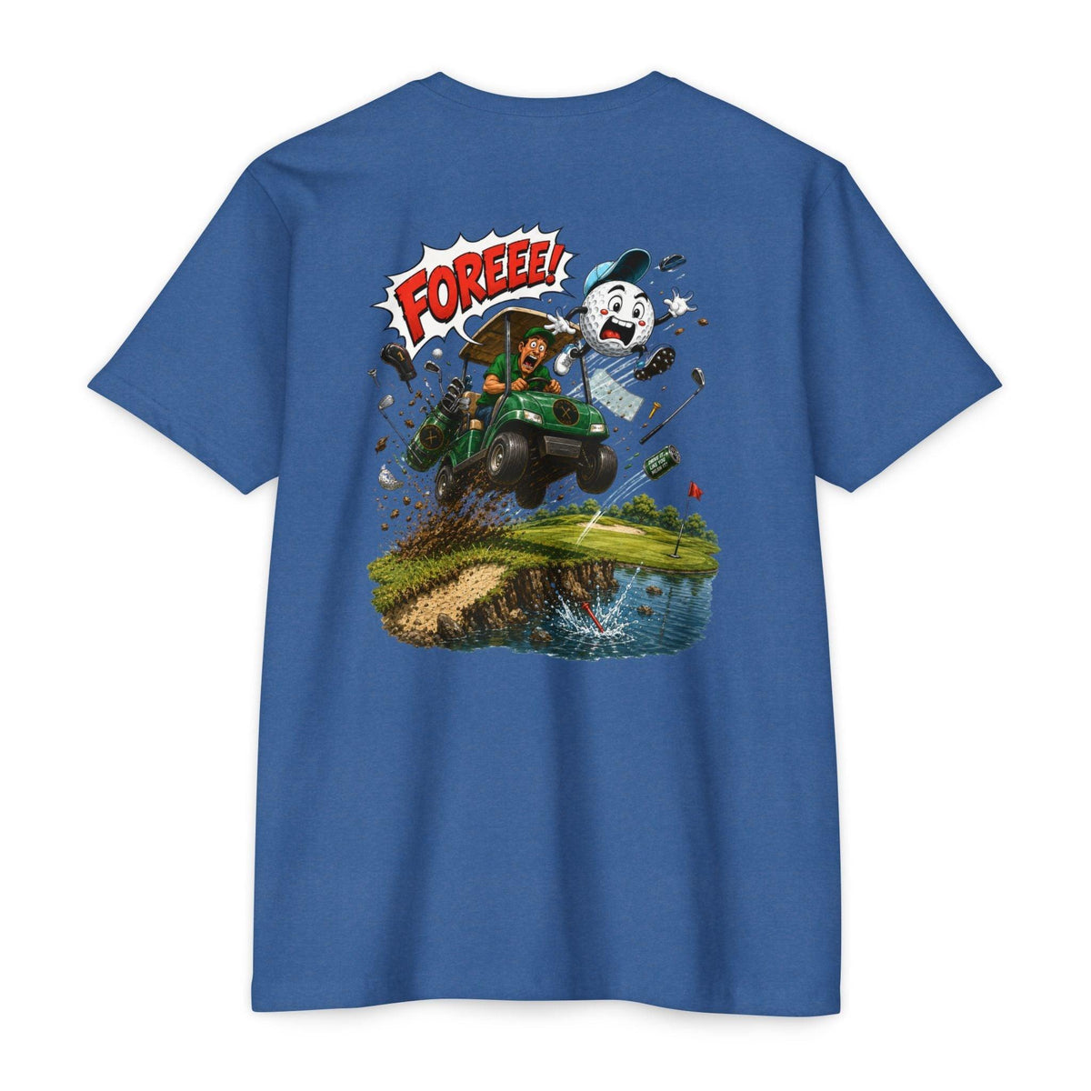 Golf Cart Crash T-Shirt — 'Fore!!!' Retro Cartoon Golf Graphic Tee